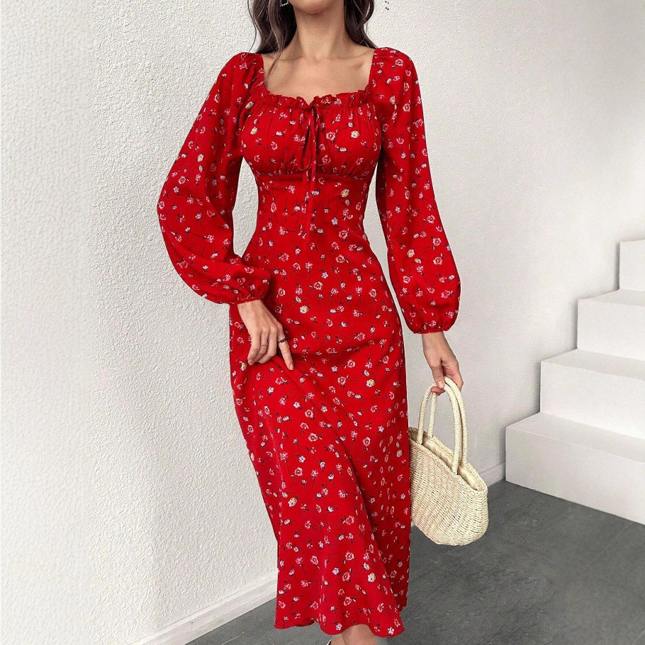 Red Hot Trend Vault women's long maxi dress with high waist, belted design, long sleeves, perfect for resort and summer wear.