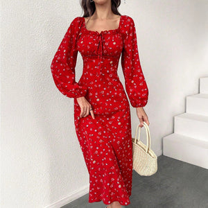 Red Hot Trend Vault women's long maxi dress with high waist, belted design, long sleeves, perfect for resort and summer wear.