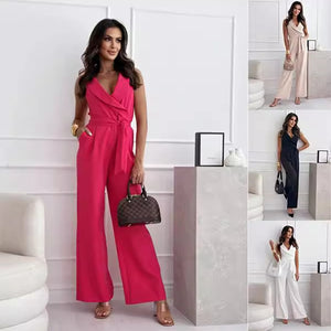 V-neck sleeveless jumpsuit with belt for women, summer women's clothing from Hot Trend Vault, shown on a model.