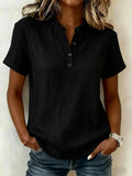 Hot Trend Vault women's summer striped short sleeve blouse with stand collar, V-neck, and button details, casual and stylish.