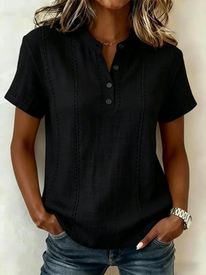 Women’s summer striped short sleeve blouse with stand collar, V-neck, and buttons by Hot Trend Vault, casual and stylish.