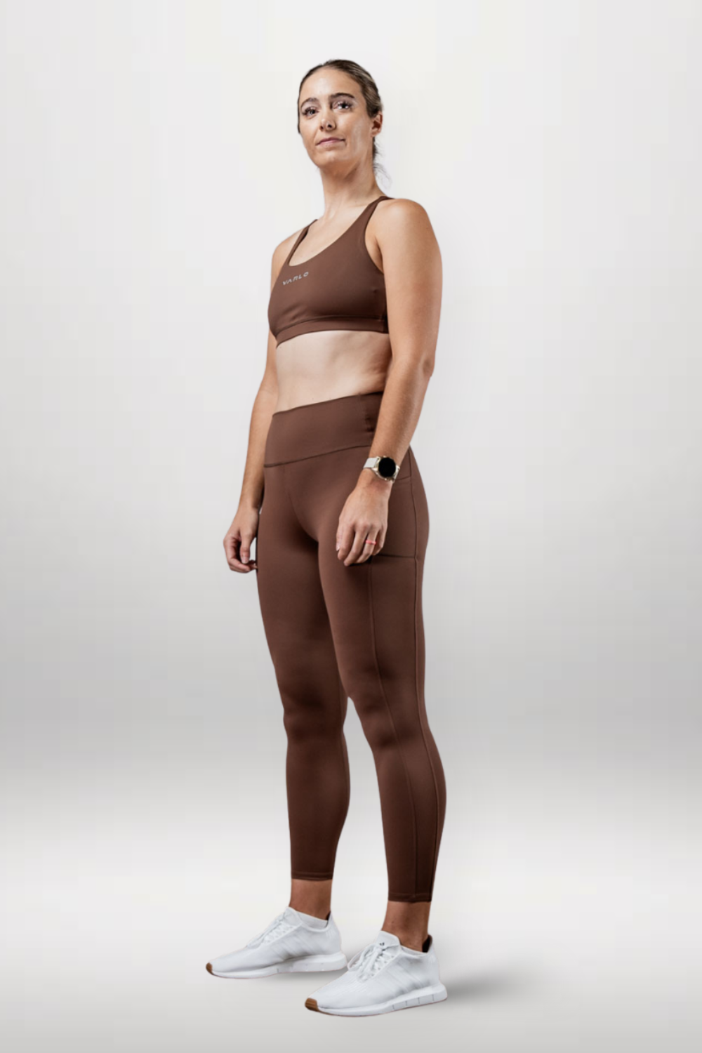 Women's Soho high waist leggings in city mocha color, stylish full-length leggings by Varlo, perfect for casual wear.