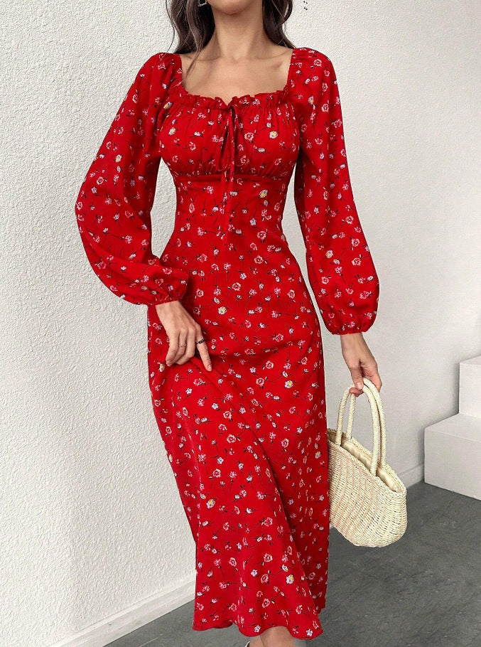 Red Hot Trend Vault women's maxi dress with high waist, belted design, long sleeves, and slim fit for resort style elegance.