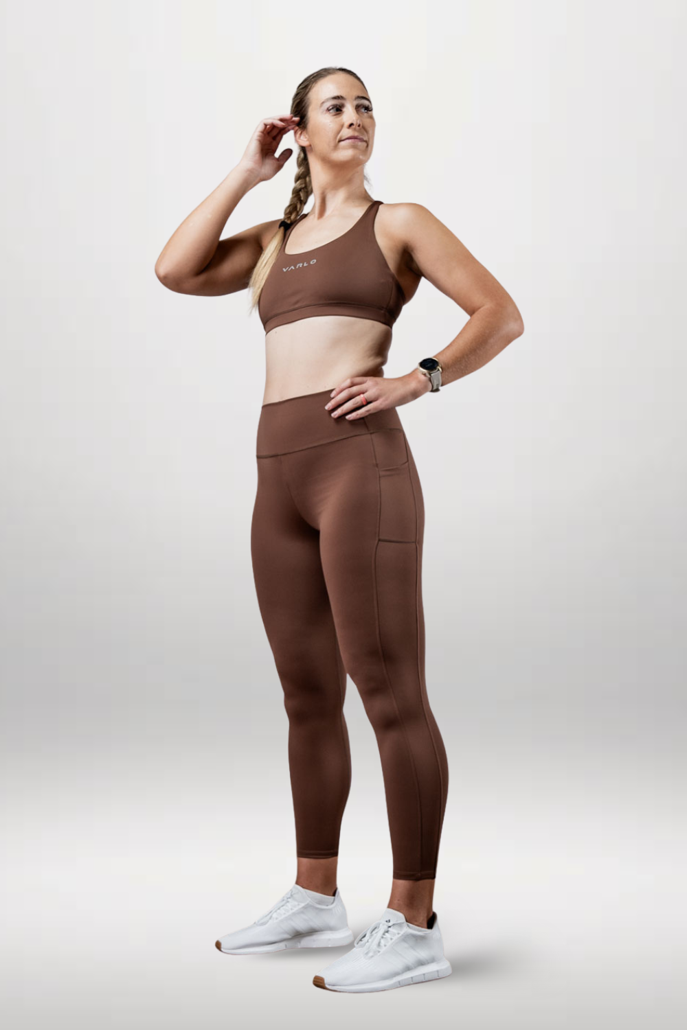 Women's Soho high waist leggings by Varlo in city mocha color, full length with a snug fit and smooth fabric.