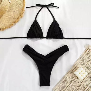 Women's split bikini swimsuit set by Hot Trend Vault, featuring a two-piece nylon spandex design for summer beachwear.