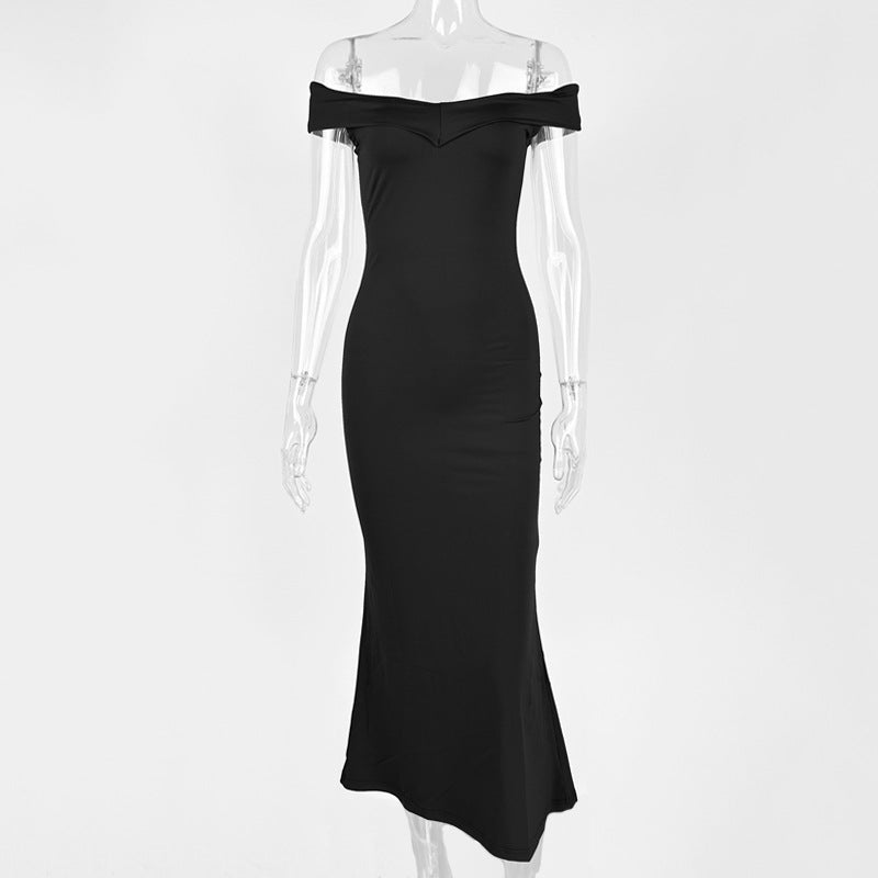 Black women's summer off-shoulder maxi dress with pleated, strapless design and sleeveless polyester fabric by Hot Trend Vault.