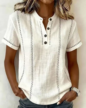 Women’s summer striped short sleeve blouse with stand collar, V-neck, and button details by Hot Trend Vault, casual style.