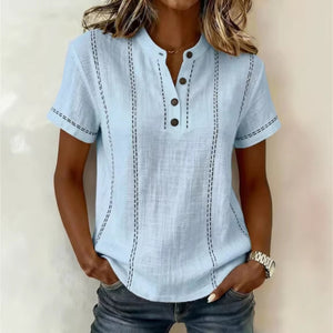 Casual women's summer striped short sleeve blouse with stand collar, V neck, and button front by Hot Trend Vault.