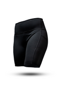 Black SOHO Women's Technical High Rise Shorts with 8-inch inseam, featuring sleek design and comfortable fit by Hot Trend Vault.