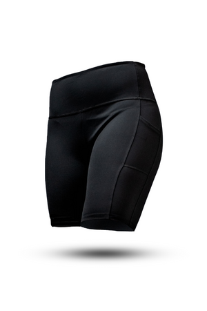 Black SOHO Women's Technical High Rise Shorts with 8-inch inseam, featuring a sleek fit and stylish design by Hot Trend Vault.