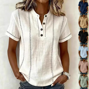 Women’s summer striped short sleeve blouse with stand collar, V-neck, and button front by Hot Trend Vault.