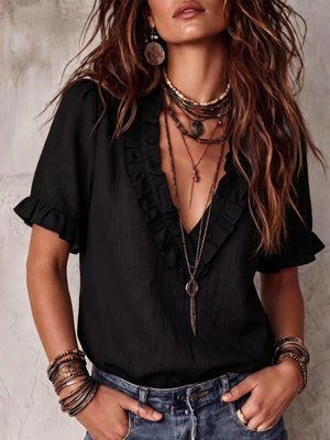 Cotton pleated V-neck casual shirt top with flared sleeves for women by Hot Trend Vault, shown on a neutral background.