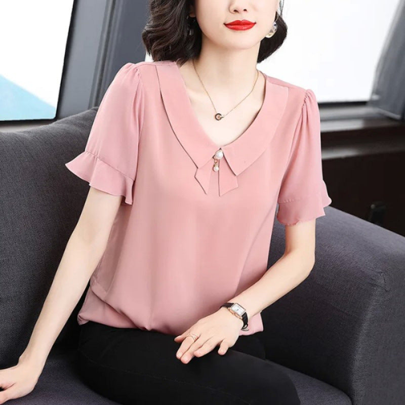 Women’s polyester chiffon top with bell sleeves, loose fit, solid color, perfect for summer, by Hot Trend Vault.