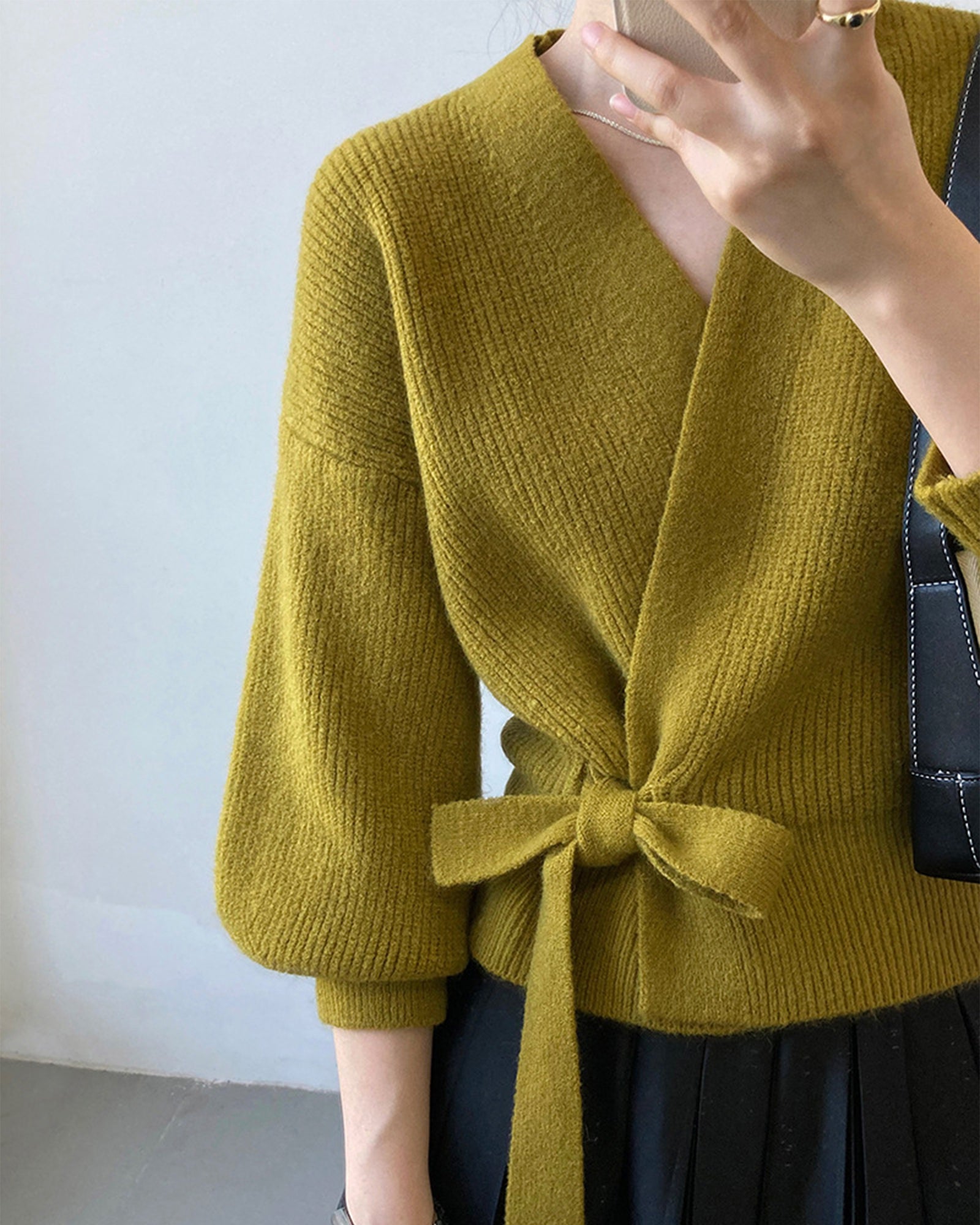 French retro knitted women's cardigan top with V-neck, tie detail, loose fit, handmade sweater by Hot Trend Vault.
