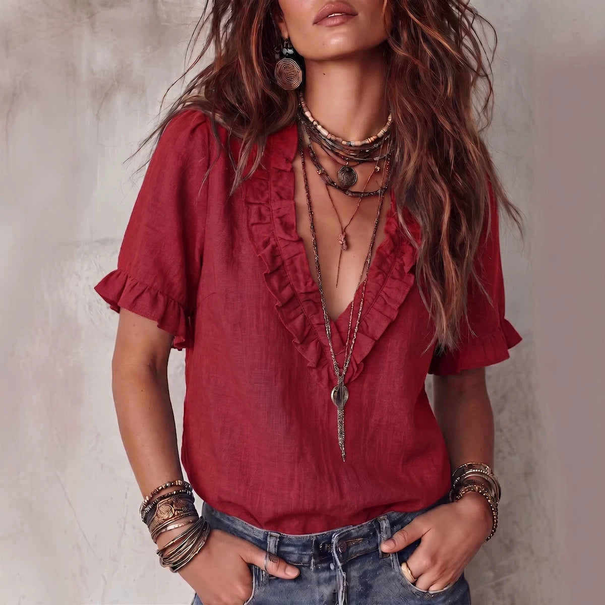 Cotton pleated V-neck casual shirt top with flared sleeves for women, by Hot Trend Vault, shown in a relaxed fit.