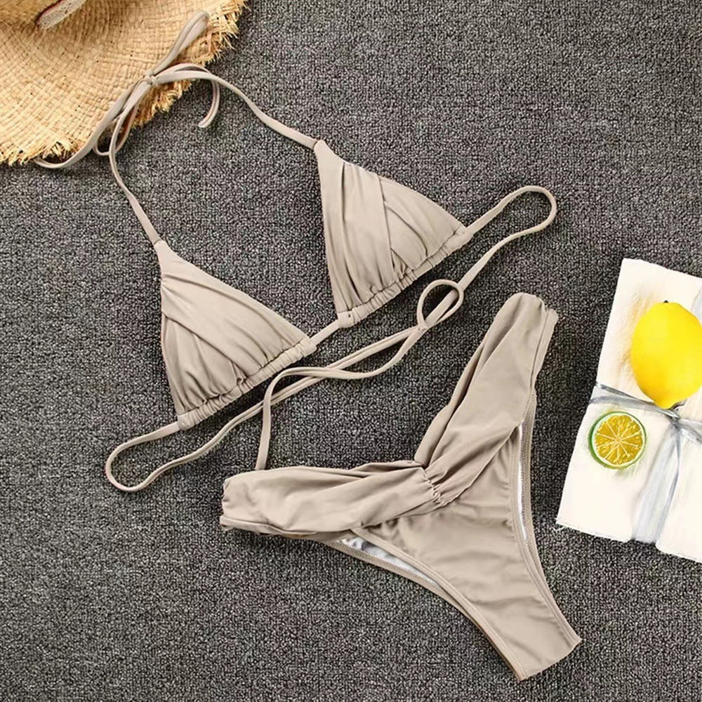 Women's split bikini swimsuit set from Hot Trend Vault, featuring a nylon spandex 2-piece beachwear bikini on a model.
