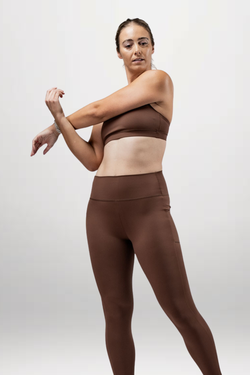 Women's Soho high waist leggings by Varlo in city mocha, full length with a comfortable fit and sleek design.
