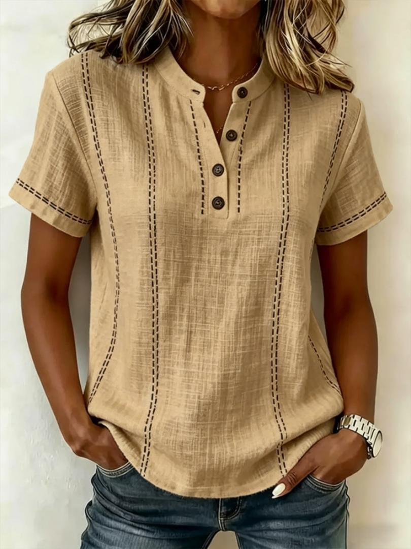 Women’s summer striped short sleeve blouse with stand collar, V-neck, and button front by Hot Trend Vault.