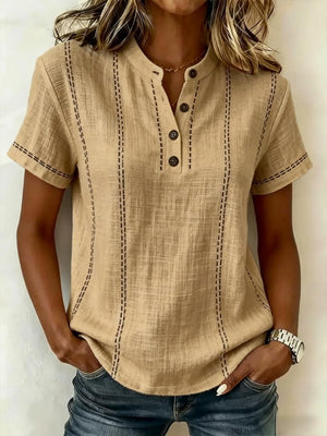 Women’s summer striped short sleeve blouse with stand collar, V-neck, and button front by Hot Trend Vault.