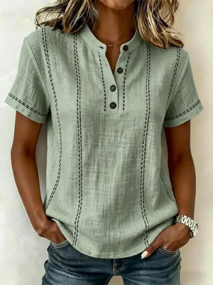 Women's summer striped short sleeve blouse with stand collar, V-neck, and buttons from Hot Trend Vault. Casual and stylish.