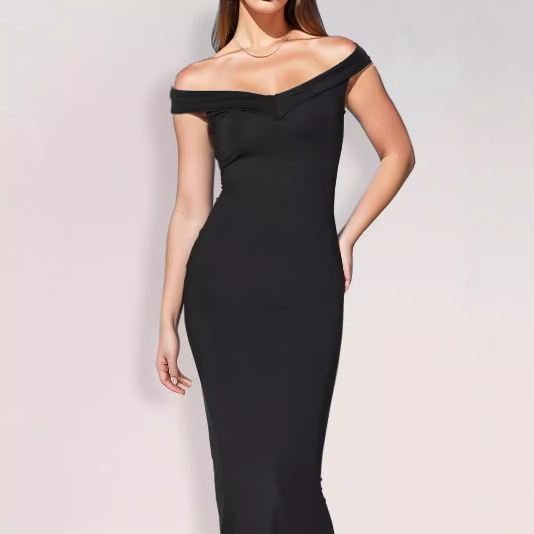 Black strapless summer off-shoulder maxi dress with pleated design, sleeveless polyester, by Hot Trend Vault for women.