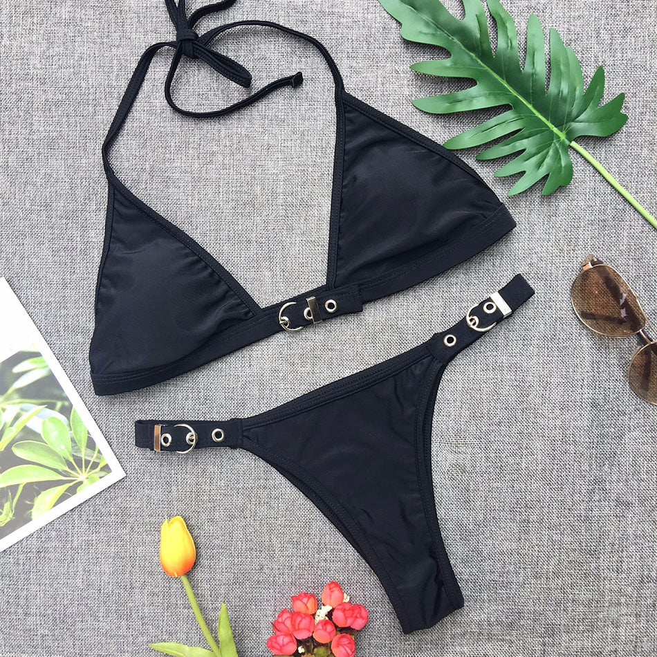 Black adjustable thong bikini set for women with padded chest, Brazilian style, from Hot Trend Vault.