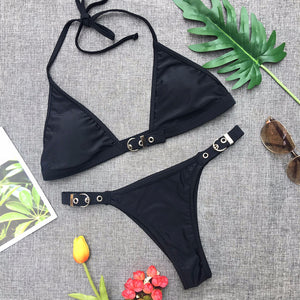 Black adjustable thong bikini set for women with padded chest, Brazilian style, from Hot Trend Vault.