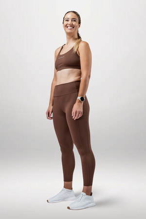 Women's Soho full-length high waist leggings in city mocha by Varlo, shown on a model with a form-fitting style.
