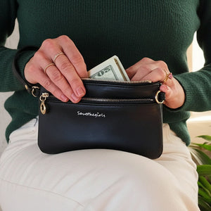 Hot Trend Vault Bella RFID crossbody purse with smartphone access and RFID blocking, shown with stylish design and functional features.