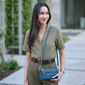Hot Trend Vault Bella RFID crossbody purse with RFID blocking and smartphone access, showing the stylish bag with compartments.