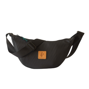 Black round mini vegan leather shoulder bag with Kenyan fabric lining by Ecodunia, stylish compact crossbody bag.