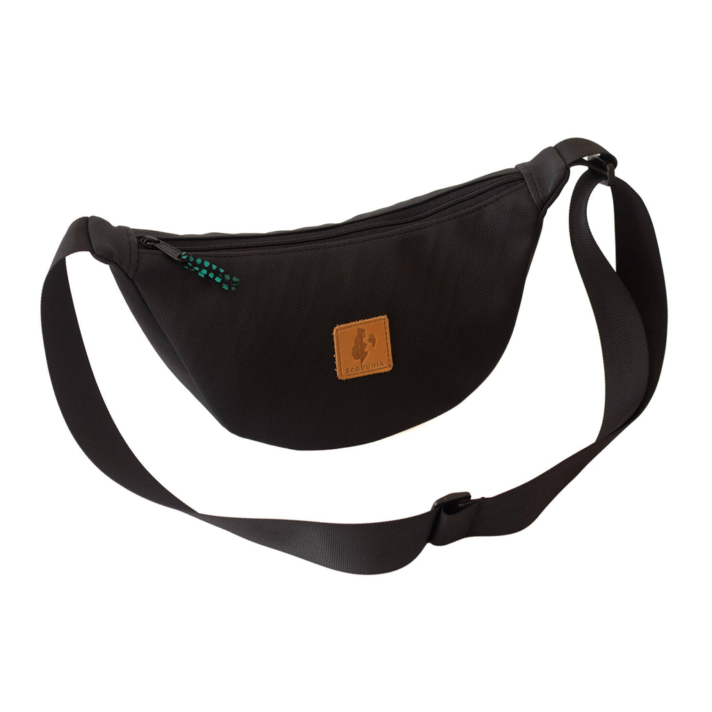 Black round mini vegan leather shoulder bag with Kenyan fabric lining, stylish Ecodunia crossbody bag for everyday use