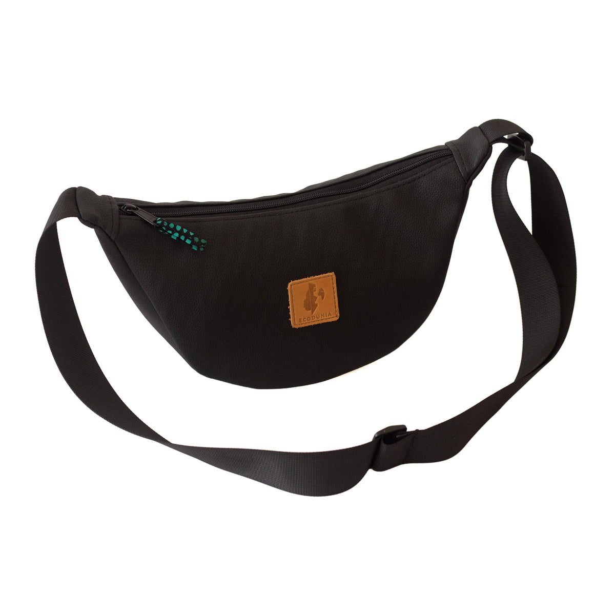 Black round mini vegan leather shoulder bag by Ecodunia with vibrant Kenyan fabric lining.