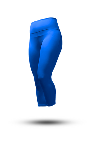 Women’s Soho 3/4 leggings in Neo Blue by Hot Trend Vault, featuring a comfortable, studio-ready fit with a sleek, stretchy fabric.
