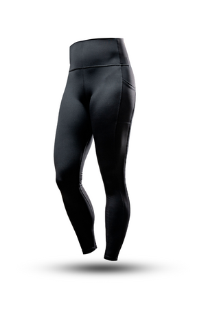 Black women's Soho full-length high waist leggings by Hot Trend Vault, showing a close-up of the fitted, stretchy fabric.