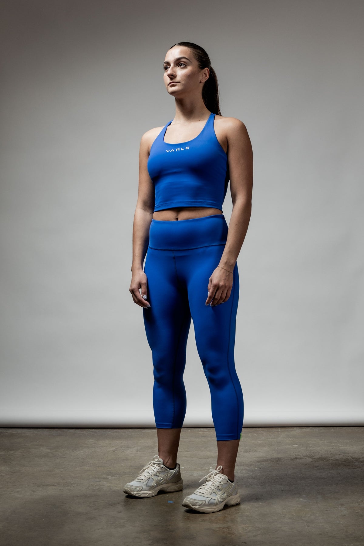 Women’s Neo Blue SOHO Cross Back Crop Tank Top by Hot Trend Vault featuring built-in support and stylish cross-back design.
