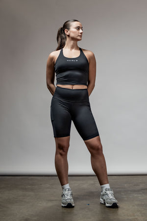 Black SOHO women's high rise technical shorts with an 8-inch inseam, designed for active wear by Hot Trend Vault.
