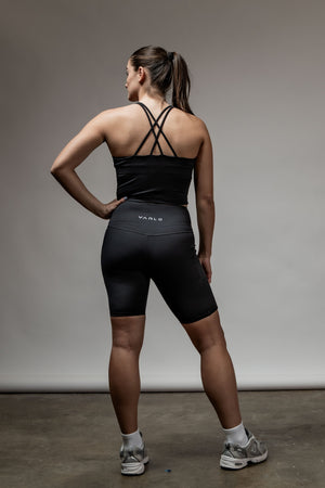 Black SOHO women's high-rise shorts with an 8-inch inseam, designed for active wear by Hot Trend Vault.