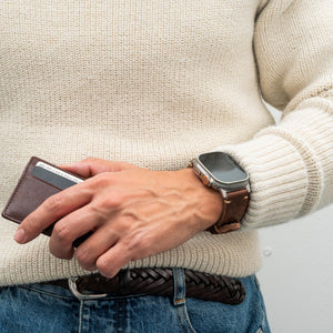 Men's slim leather card holder by Hot Trend Vault, crafted from full grain Italian leather with a minimalist design.