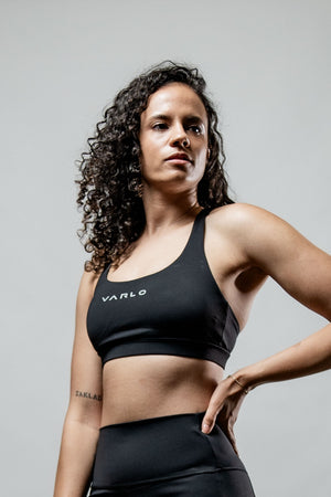 Black SOHO Cross Back Sports Bra for women by Hot Trend Vault, breathable and supportive with a stylish cross-back design.