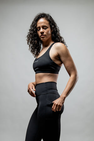 Black SOHO Cross Back Sports Bra for women by Hot Trend Vault, breathable and supportive athletic top with cross-back design.