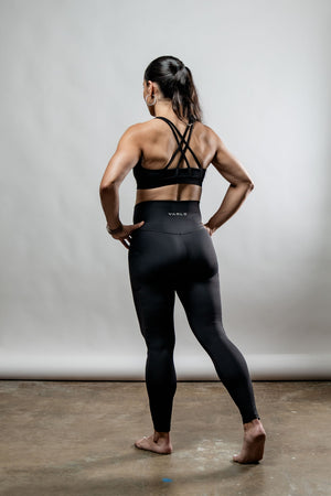 Women's black Soho high waist leggings by Hot Trend Vault, full length and form-fitting, shown on a model.