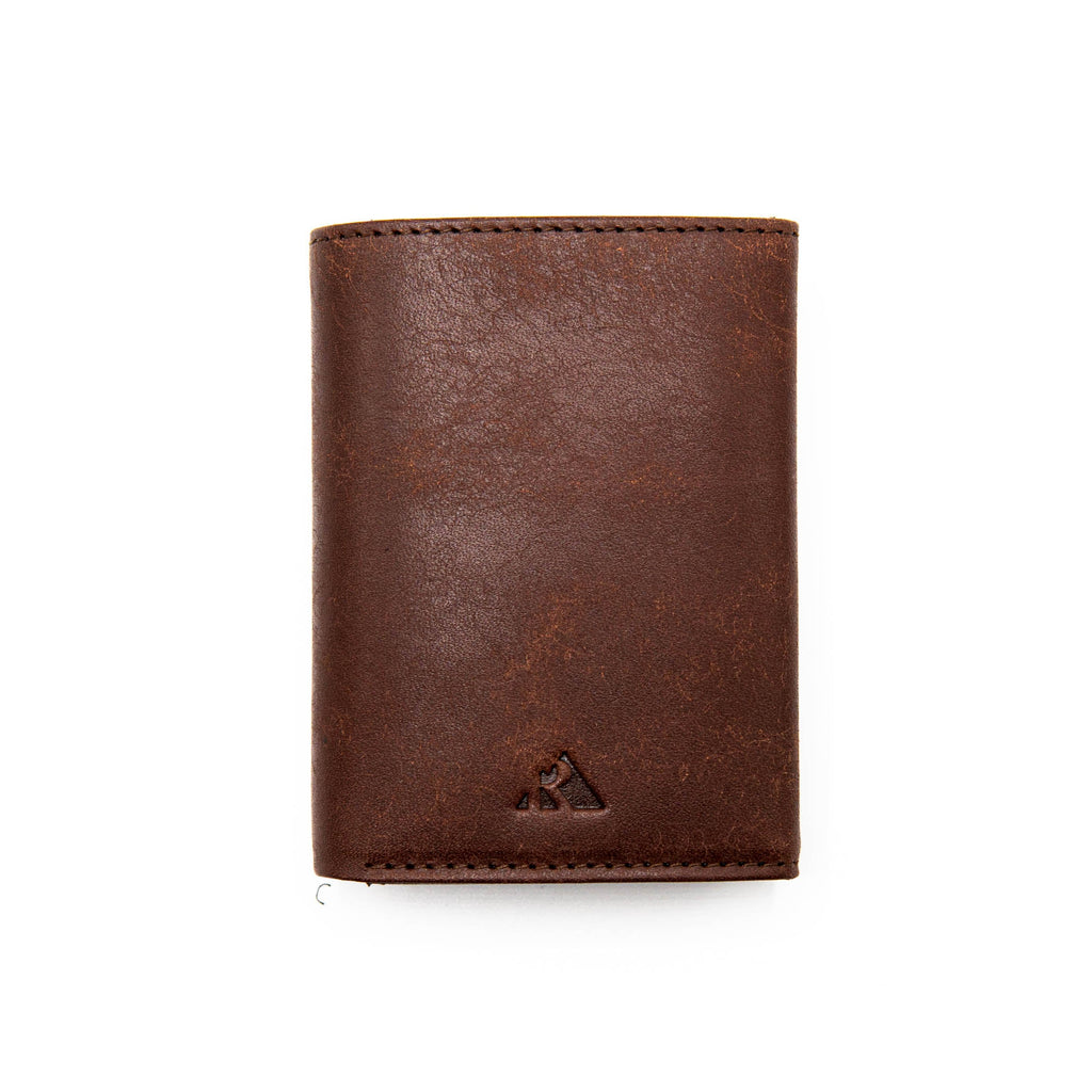 Full-grain vegetable-tanned leather wallet by Hot Trend Vault with RFID blocking and popup card feature, showing front view.