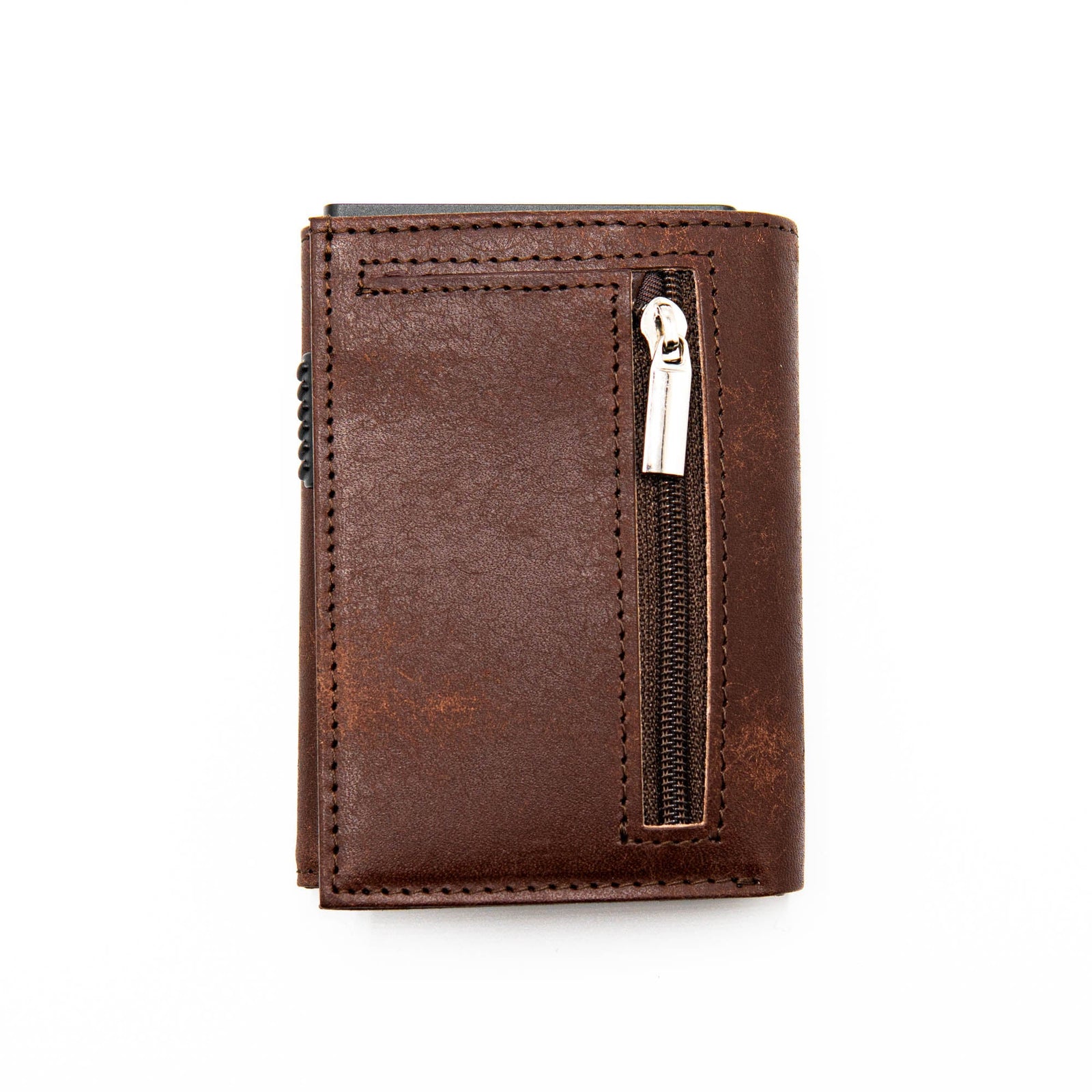 Full-grain vegetable tanned leather wallet with RFID blocking and popup card feature by Hot Trend Vault.