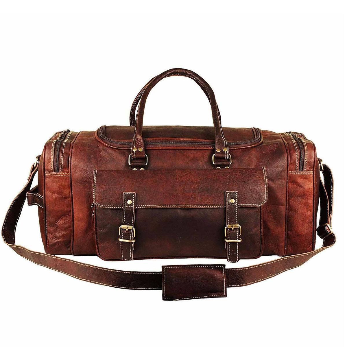 Hot Trend Vault goat leather duffel bag with four exterior pockets, stylish weekender travel bag for men and women.