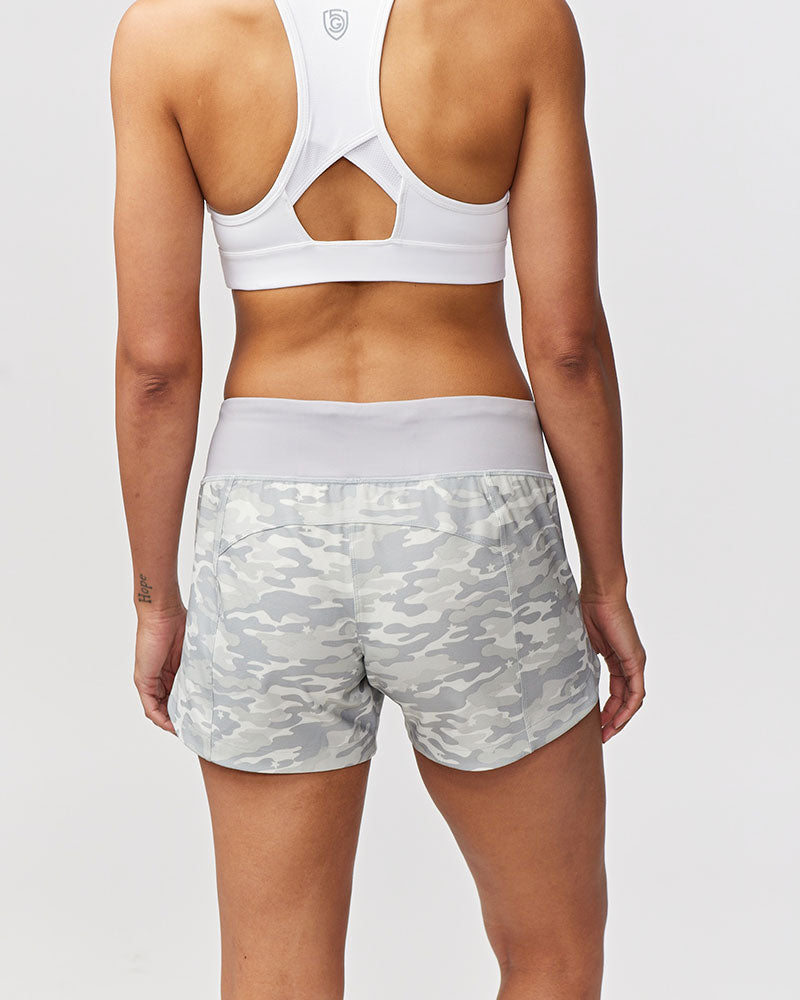 Back view of Hot Trend Vault Excel women's workout shorts with camouflage print, offering extra coverage for active sprints.
