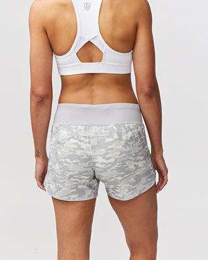 Back view of Hot Trend Vault Excel women's workout shorts with camouflage print, offering extra coverage for active sprints.
