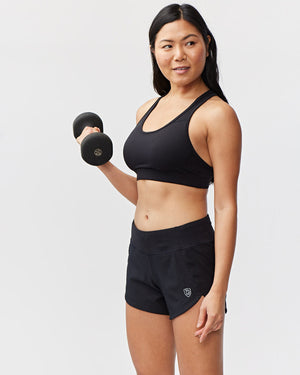 Black Excel women's workout shorts by Hot Trend Vault with extra coverage, designed for comfort during sprints and training.