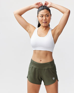 Dark moss green Excel women's workout shorts by Hot Trend Vault with extra coverage for active sprints.