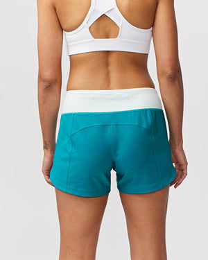 Excel women's workout shorts by Hot Trend Vault featuring extra coverage, in malachite and skylight colors for active training.
